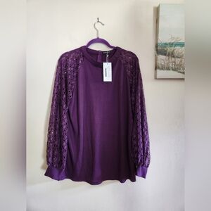 Waffle Knit Lace Sleeve Womens Long Sleeve Top XL Purple Plum NWT